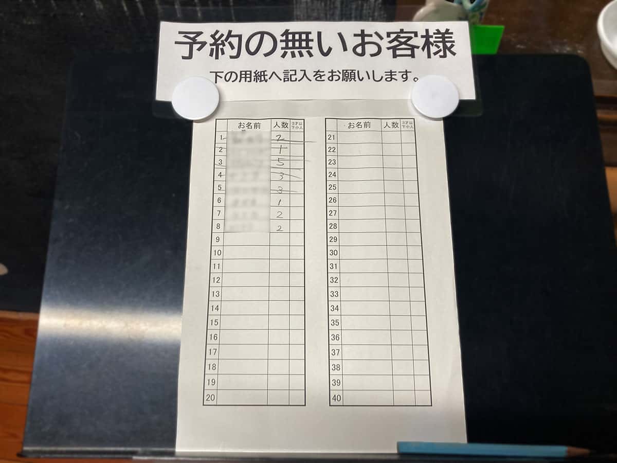 予約無しの受付票|鮎料理 落合簗