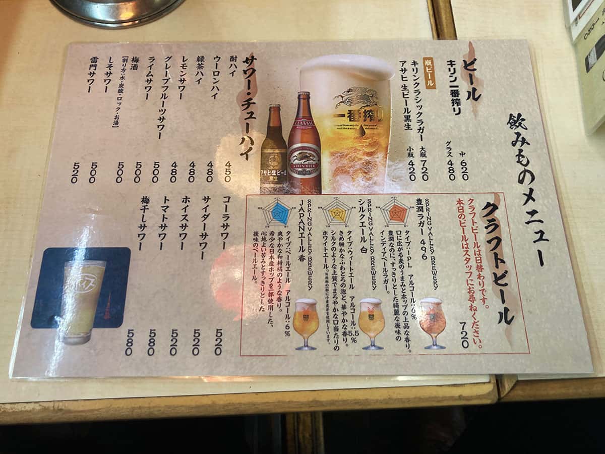 ドリンクメニュー|もつやき 登運とん